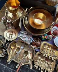 Vintage silverware and utensils in a flea market