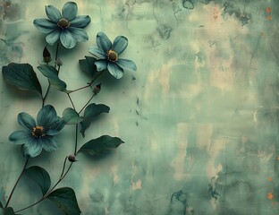 two blue flowers branch against green wall pale pastel moody color displayed walls anemones midnight taupe