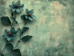 Fotobehang two blue flowers branch against green wall pale pastel moody color displayed walls anemones midnight taupe © Cary
