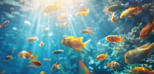 Beautiful tropical fish school swimming in the ocean, with a blue background and sunlight reflection