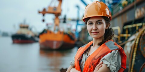 A Caucasian female maritime worker wearing an orange safety vest and a yellow helmet stands confidently at a shipyard.