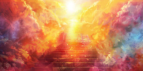 Enlightenment: The Ascending Staircase and Radiant Light - Visualize an ascending staircase with radiant light at the top, illustrating the journey towards spiritual enlightenment.