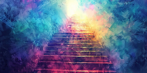 Enlightenment: The Ascending Staircase and Radiant Light - Visualize an ascending staircase with radiant light at the top, illustrating the journey towards spiritual enlightenment.