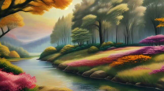 nature-inspired scene, showcasing the beauty of the changing seasons, with lush foliage, blossoming flowers with Alcohol ink painting, (60 fps 8 sec).