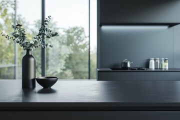 Contemporary kitchen with a black tabletop and minimalist vase decoration, overlooking greenery outside.