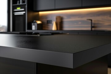 Close-up of a contemporary black kitchen countertop with a soft-focus background of kitchen appliances.