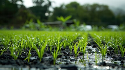 Obraz premium A vibrant bed of young rice seedlings about 9 10 days old getting ready for transplantation in the rainy monsoon season