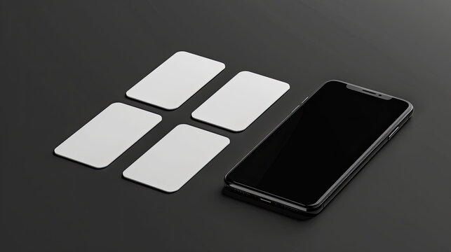 mockup, iphone with black screen, 5 white cards in total 4 on the left side of the phone and one single 