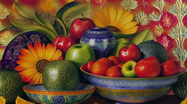 showcasing a lush assortment of fresh fruit, vegetables, and flowers, all painted in the vivid, organic forms of alcohol ink painting.(60 fps 8 sec)