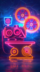 neon movie camera with film reels on top icon