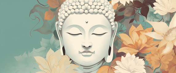 Fototapeta premium golden buddha face and 3d Modern line art floral design with white flowers and leaves on a pastel background
