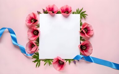 Postcard with a big blank sheet surrounded by holographic shade exotic poppies on a pink background, silk blue ribbon aside, bokeh glitter floating, template for mother's day, March 8, Valentine