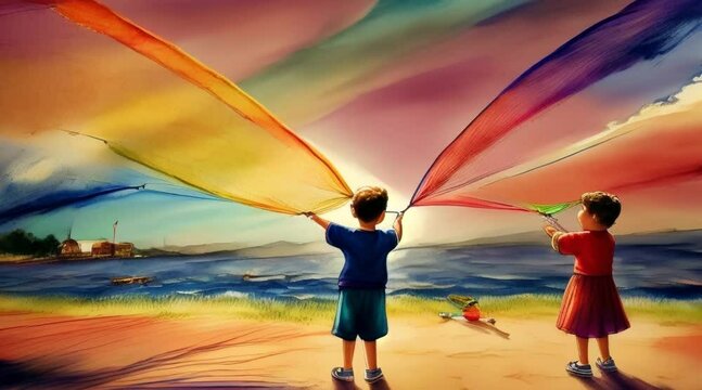 A playful childhood memory featuring children playing games, flying kites, or sharing laughter all captured in the nostalgic flowing colors of alcohol ink painting. (60fps 8 sec)
