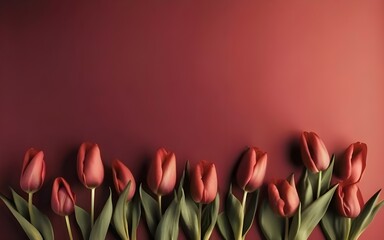 Empty clean solid bright carmine background with fresh red tulip flowers and copy space. Springtime holidays horizontal greeting card template. AI generative image, stock photos, best selling