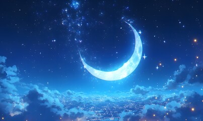illustration of a bright moon highlighting the night starry sky, Generative AI