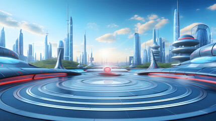 Digital technology futuristic city scene poster web page PPT background - obrazy, fototapety, plakaty