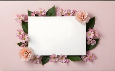 Postcard with a big blank sheet surrounded by holographic shade exotic poppies on a pink background, silk blue ribbon aside, bokeh glitter floating, template for mother's day, March 8, Valentine'