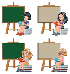 Four cartoon children reading books by chalkboards - 793458276