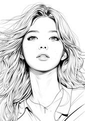 Fototapeta premium Female virtual K-pop idol coloring book. Korean Girls model with black and white line.