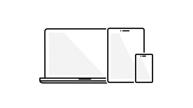 Laptop, tablet and mobile phone. Monochrome outline illustration.