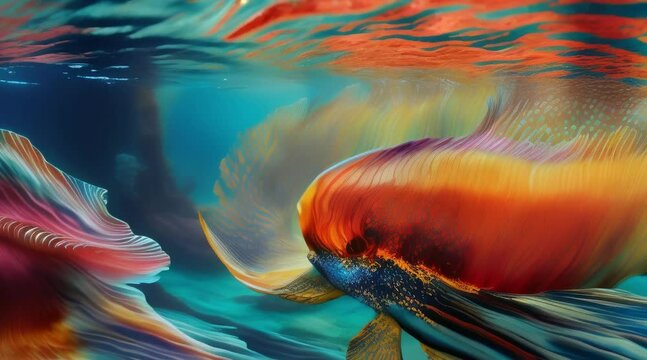 A dreamy, underwater scene, capturing the fluidity and movement of diverse marine life, all painted in the vibrant, flowing colors of alcohol ink.(60 fps 8 sec.)