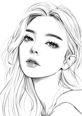 Female virtual K-pop idol coloring book. Korean Girls model with black and white line.