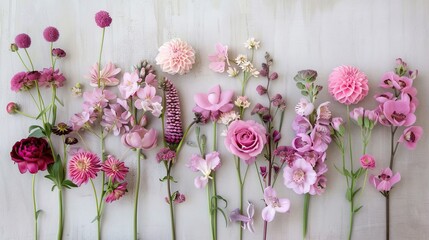 An arrangement of various pink and purple flowers neatly displayed in a row