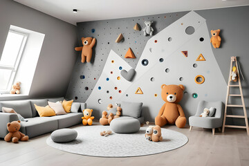 Stylish scandinavian interior design of childroom with gray sofa, modern climbing wall for kids, design furnitures, soft toys, teddy bear and cute children's accessories. Home decor. Template.