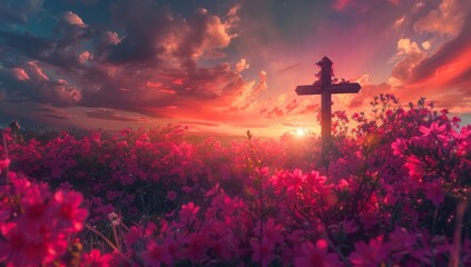 Ascension Day, beautiful cross in the distance with vibrant pink and red flowers, sunset, cinematic photography