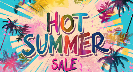 "HOT SUMMER SALE" is written in colorful, playful and vibrant typography on a bright background with palm trees and sun rays.