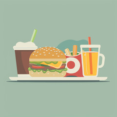 a hamburger, fries and a drink on a plate, vector