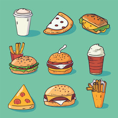 a set of fast food icons including a burger, a sandwich, a drink, and, vector