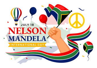 Happy Nelson Mandela International Day Vector Illustration on 18 July with South Africa Flag and Ribbon in Flat Cartoon Background Design - obrazy, fototapety, plakaty