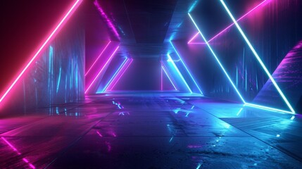 Futuristic neon tunnel with reflective floor - obrazy, fototapety, plakaty