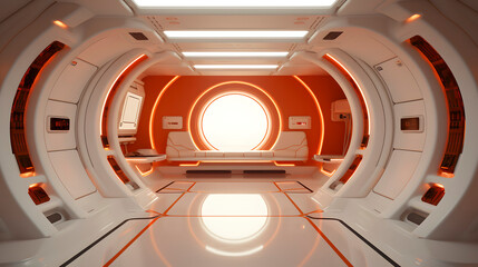 Digital technology white and orange futuristic spaceship scene poster background