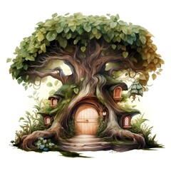 Wooden door in the shape of a fairy tale house. Vector illustration.