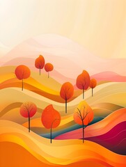 Fototapeta na wymiar autumn hills and trees fall season landscape illustration