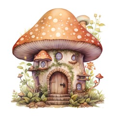 Watercolor fairy tale house with mushrooms. Hand drawn illustration isolated on white background