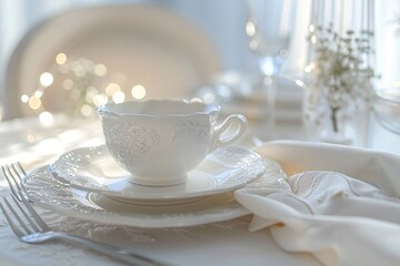 Obraz na płótnie Canvas Elegant dining setup featuring a white embossed tea cup on matching plates, with soft lighting and blurred background, giving a serene look.
