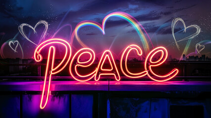 Bright neon sign letters with the word 'peace' surrounded by long exposure rainbow light streaks and bokeh blur at night, thought provoking emotive concept with copy space for extra text and phrases.