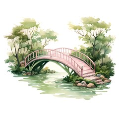 Wooden bridge in the park. Watercolor hand drawn illustration.