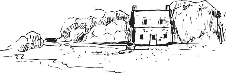 Castel Meur in France. Isolated house on an island ink sketch. Landscape ink illustration. Seascape black and white drawing. © Vy