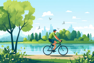 A man enjoys a peaceful bike ride in an autumn park with a serene city skyline in the background. Generative AI