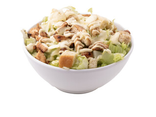 bowl of lettuce leaf salad with croutons and cesar dressing