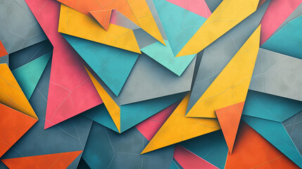 A dynamic and colorful abstract image showcasing a variety of geometric shapes with a...