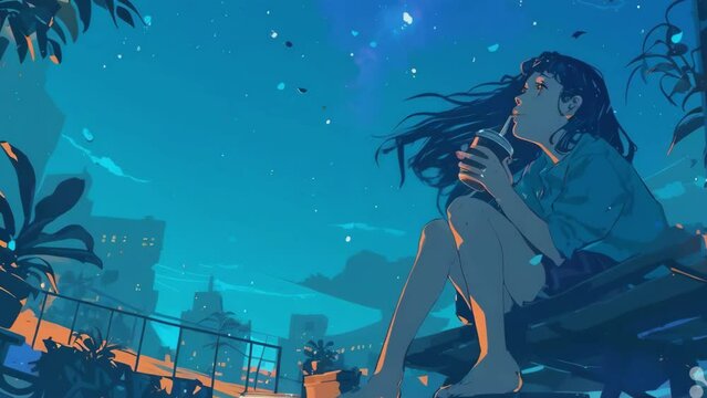 空を見上げる女の子と風になびく髪の動画