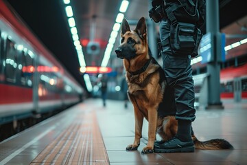 Security agent with a police dog in a train station platform