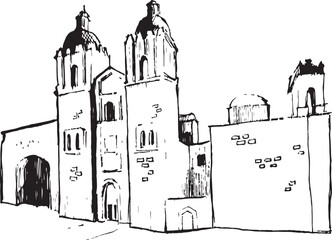 Church of Santo Domingo de Guzman ink illustration. Architecture ink sketch. Building structure vector black and white drawing isolated.