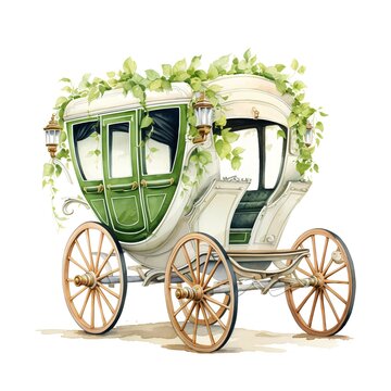 Wedding carriage with green ivy. Watercolor illustration.