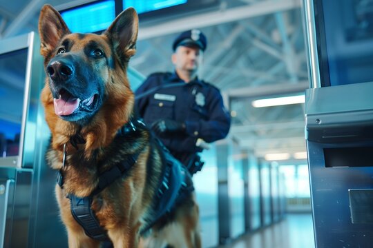 Security agent with a police dog in the scanners at the airport security control